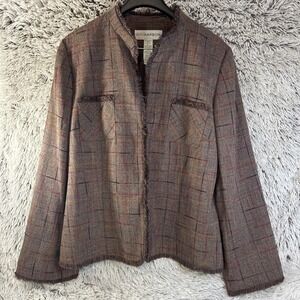 Sag Harbor Rainbow Plaid Blazer Brown Lined Fringe Trim Size 18 Office Acedemia